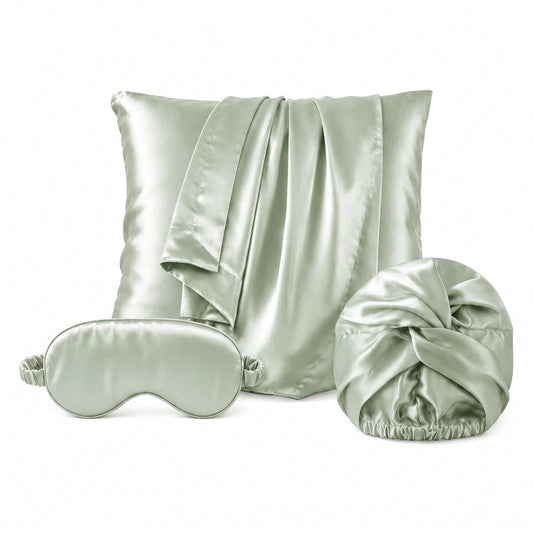 Pillowcase + eyemask + nightcap silk - Lunéia Sage green 63 x 63 cm