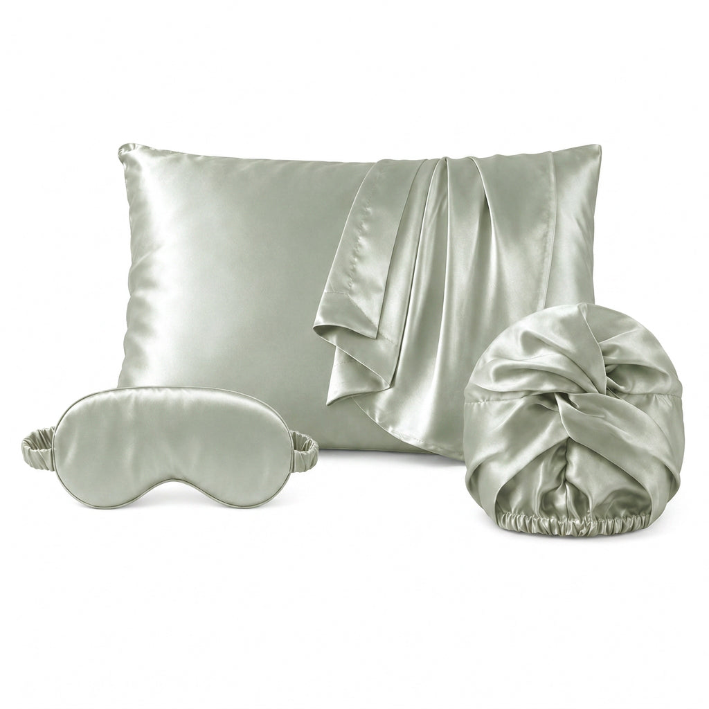 Pillowcase + eyemask + nightcap silk - Lunéia Sage green 50 x 70 cm