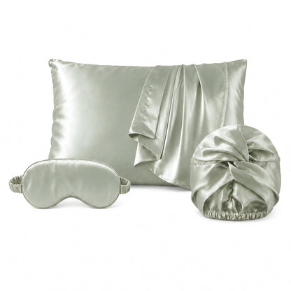 Pillowcase + eyemask + nightcap silk - Lunéia Sage green 50 x 70 cm