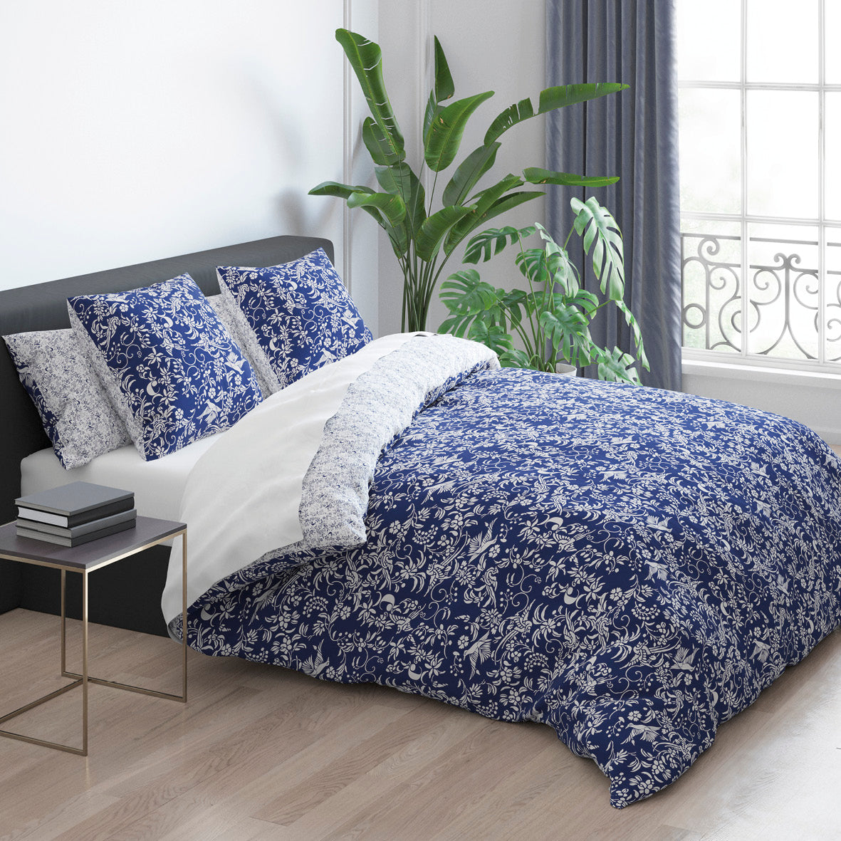 Pillowcase cotton satin - Birds Blue