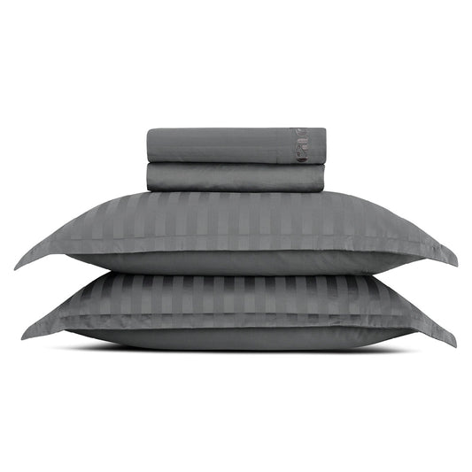Sheet set : fitted sheet, flat sheet, pillowcase(s) in satin cotton - Jacquard woven - Dobby stripe dark grey