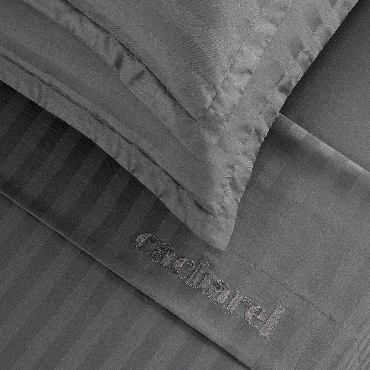 Sheet set : fitted sheet, flat sheet, pillowcase(s) in satin cotton - Jacquard woven - Dobby stripe dark grey