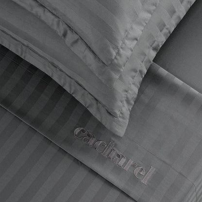 Sheet set : fitted sheet, flat sheet, pillowcase(s) in satin cotton - Jacquard woven - Dobby stripe dark grey