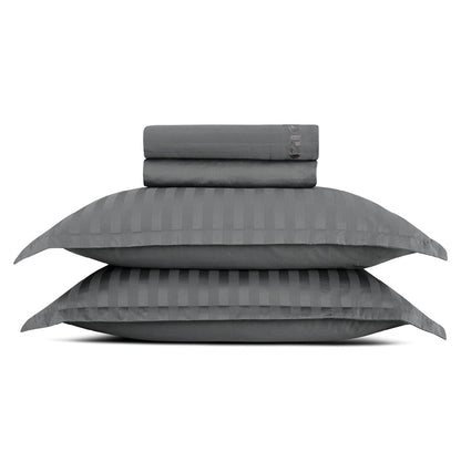 Sheet set : fitted sheet, flat sheet, pillowcase(s) in satin cotton - Jacquard woven - Dobby stripe dark grey