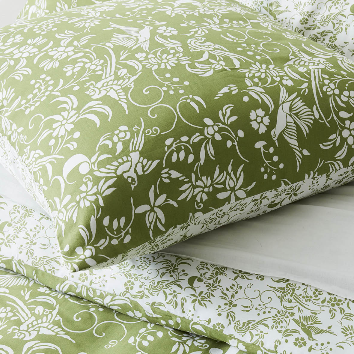 Duvet cover + pillowcase(s) cotton satin - Birds Olive green