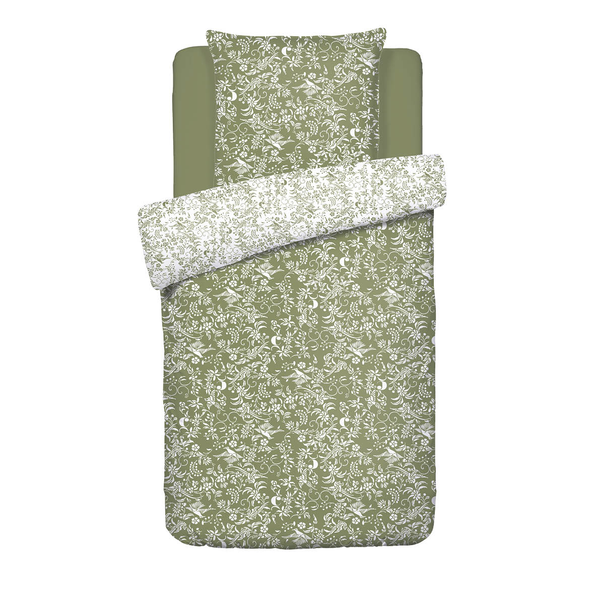 Duvet cover + pillowcase(s) cotton satin - Birds Olive green