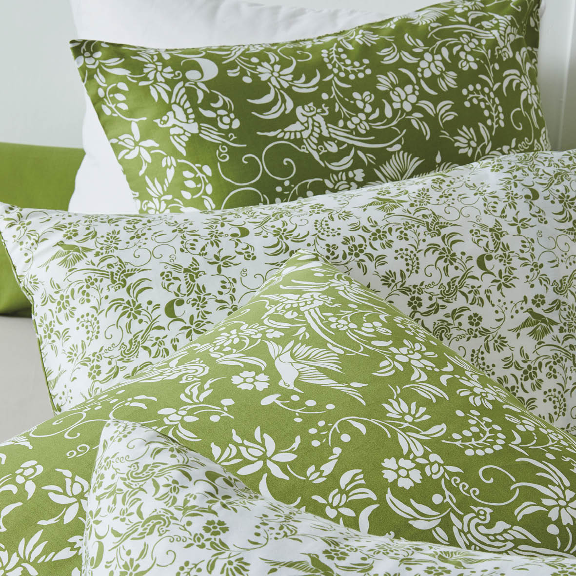 Duvet cover + pillowcase(s) cotton satin - Birds Olive green