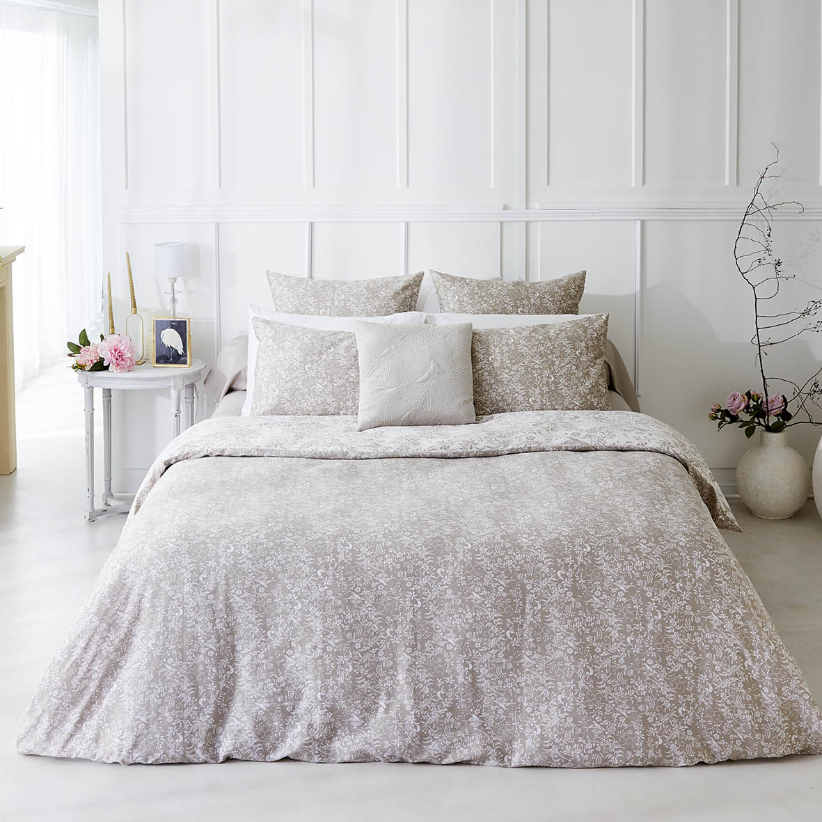 Fitted sheet cotton satin - Birds Taupe