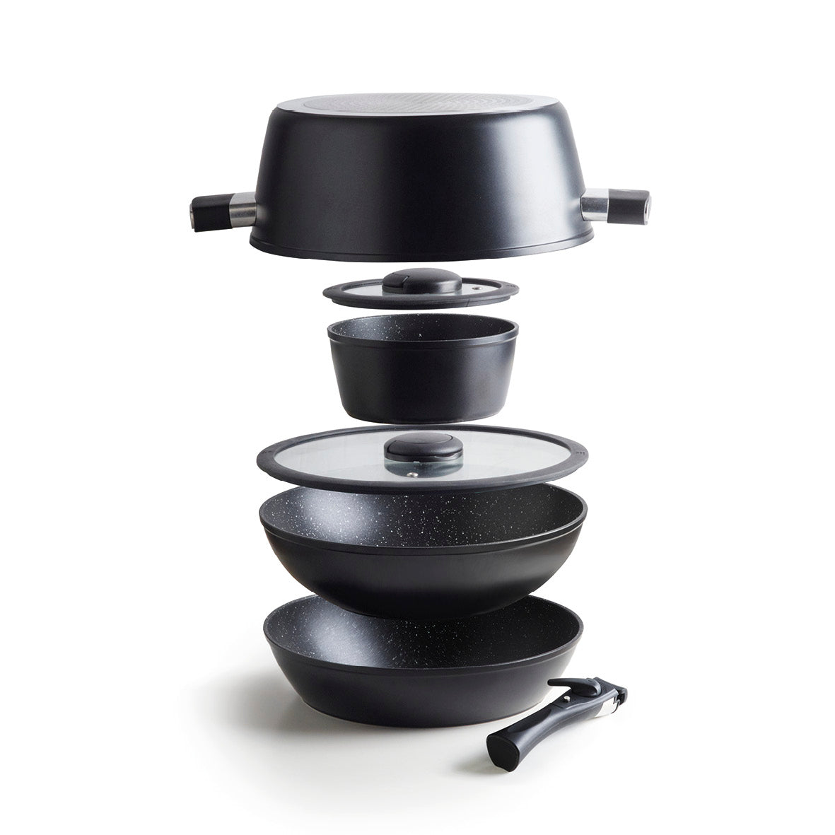 Stack Them Cookware Stackable cookware set in aluminium with removable handle 5 pieces - B ...