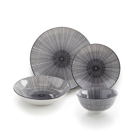 Porcelain dinnerware set 24 pieces embossed - White / Black