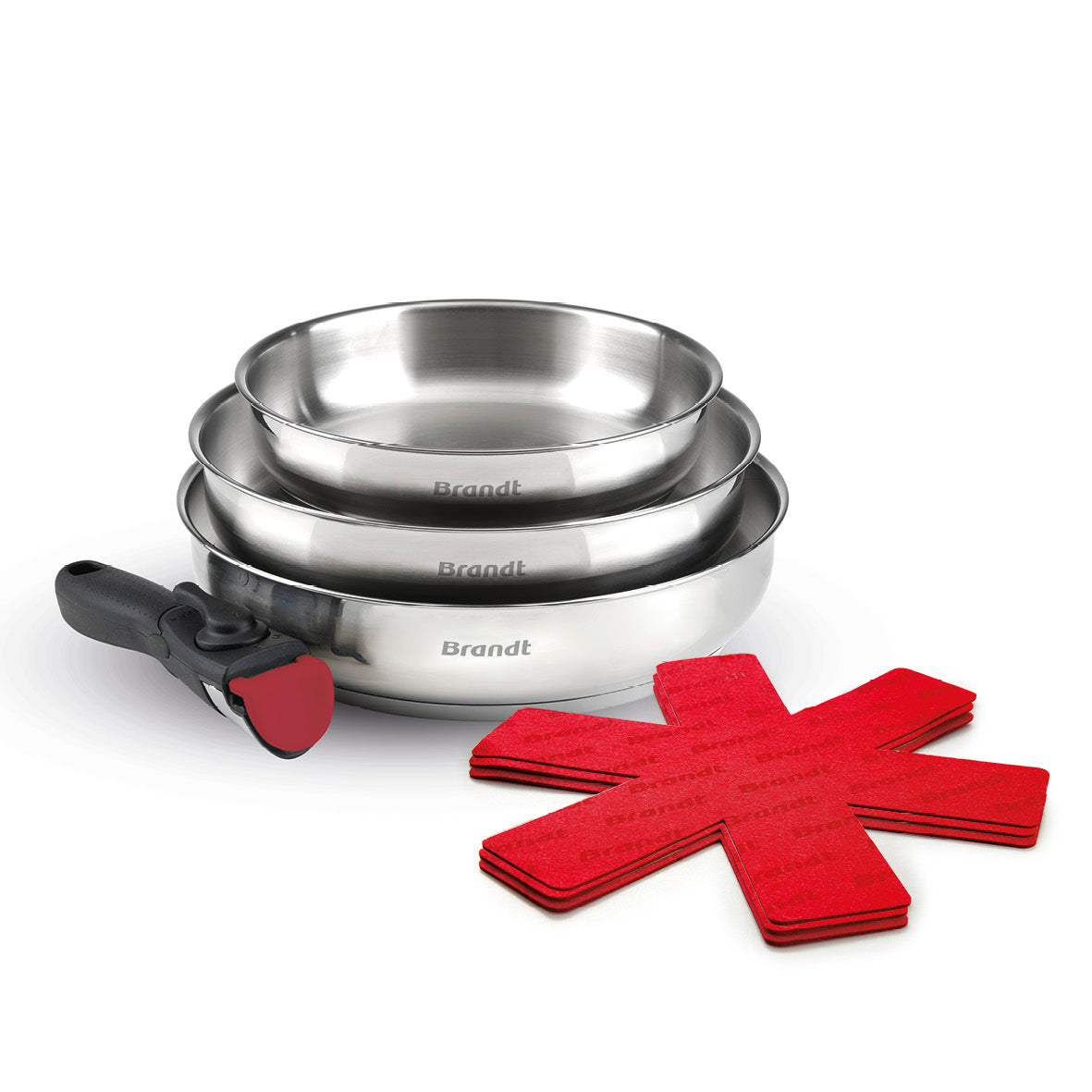 Set of 3 stainless steel frypans with removable handle + 3 pan protectors - Silver