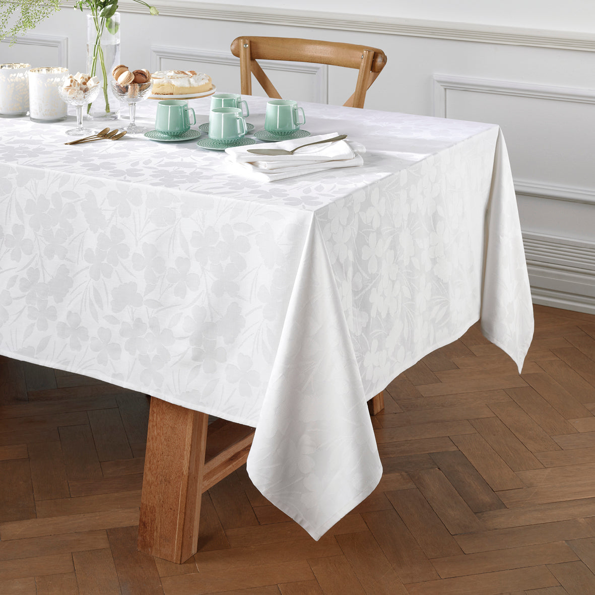 Tablecloth Jacquard woven Fleurette - White