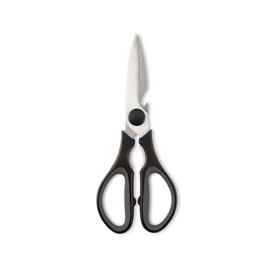 Stainless steel kitchen scissors with serrated blades - black
