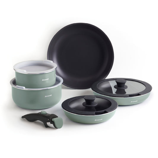 Stackable cookware set with removable handle 10 pieces - Pastel green