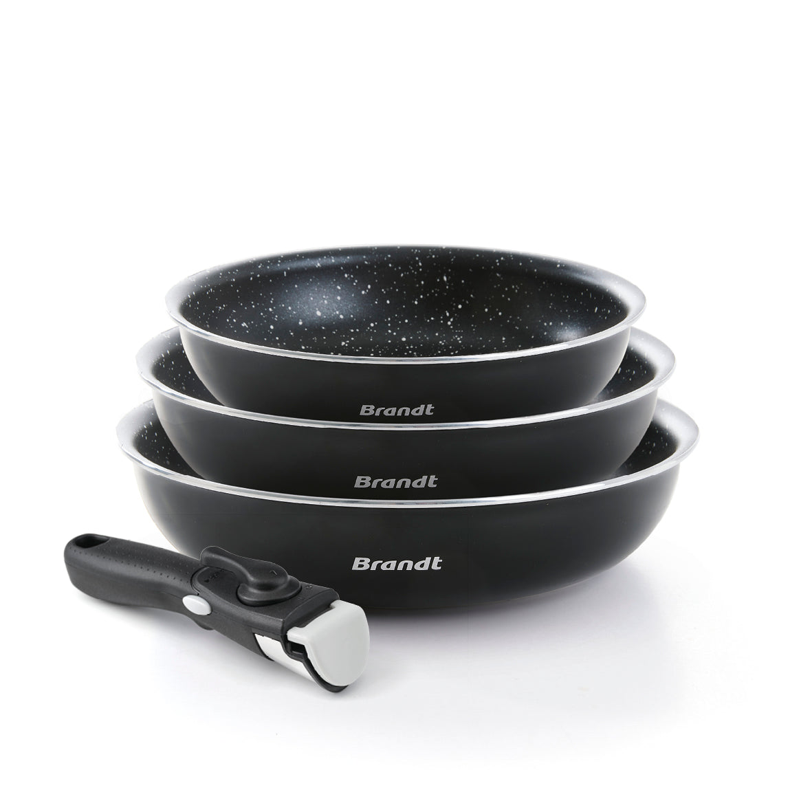 Set of 3 frypans in aluminum with removable handle - marble ceramic - Black