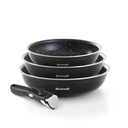 Set of 3 frypans in aluminum with removable handle - marble ceramic - Black