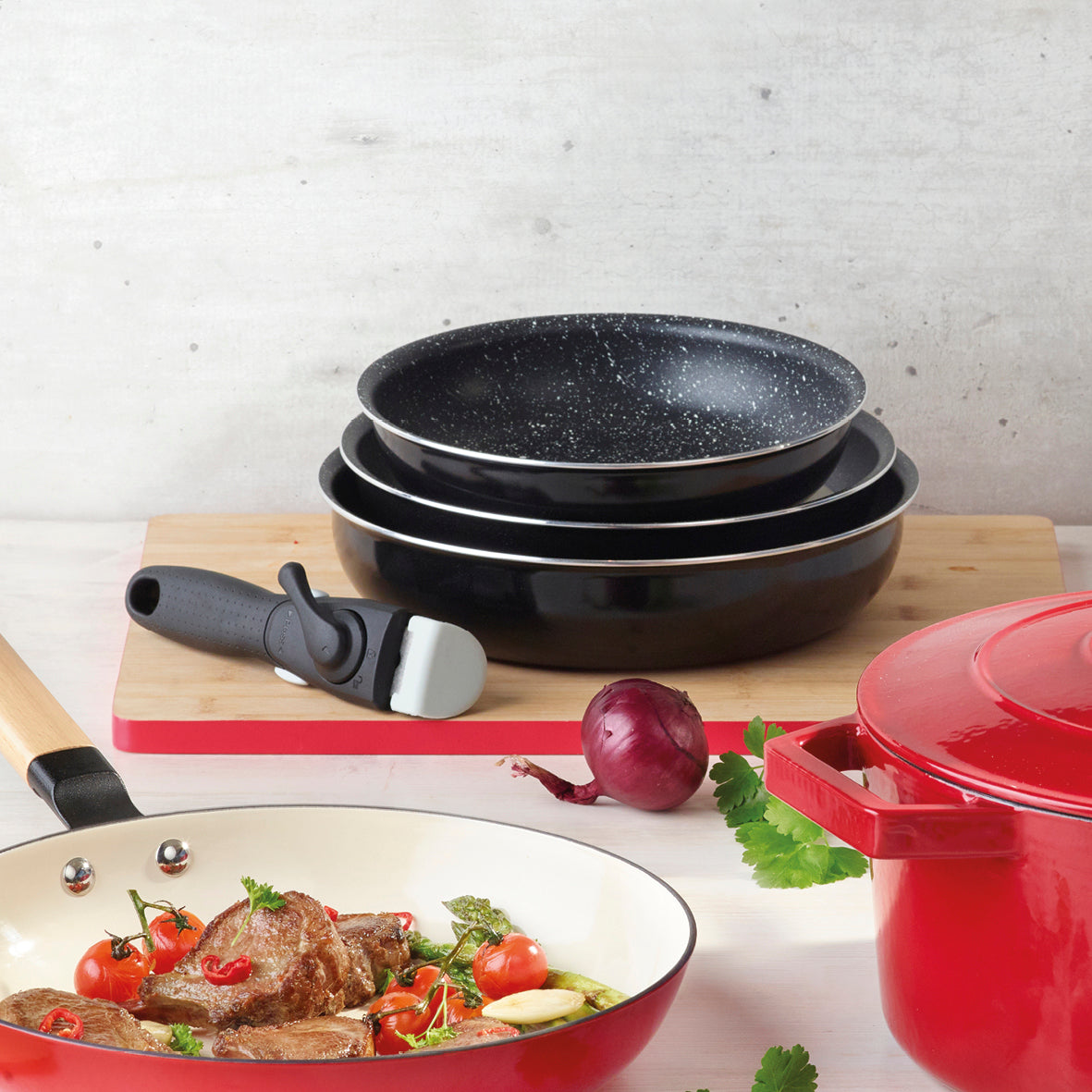 Set of 3 frypans in aluminum with removable handle - marble ceramic - Black