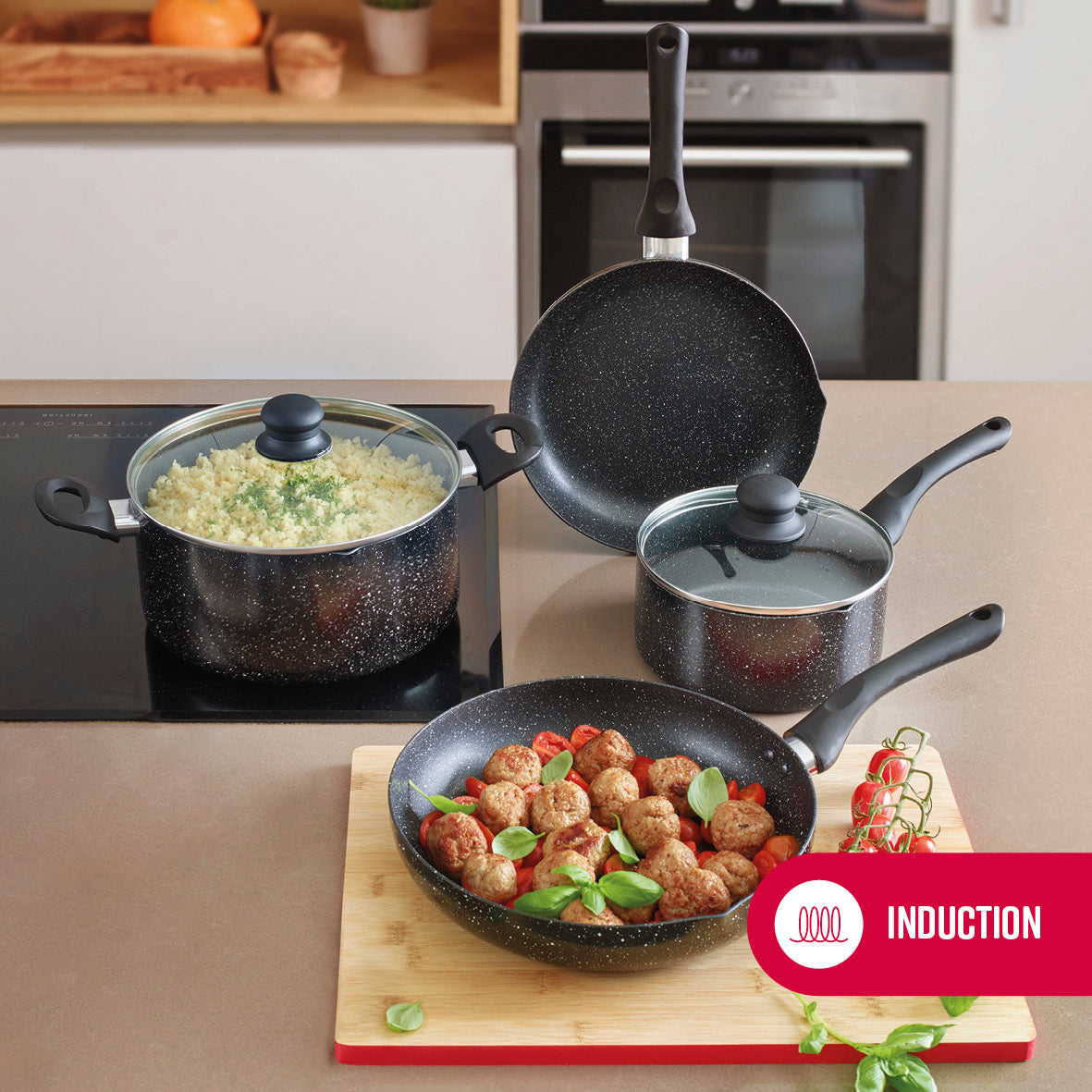 Wok + lid in aluminium granite - Black marble