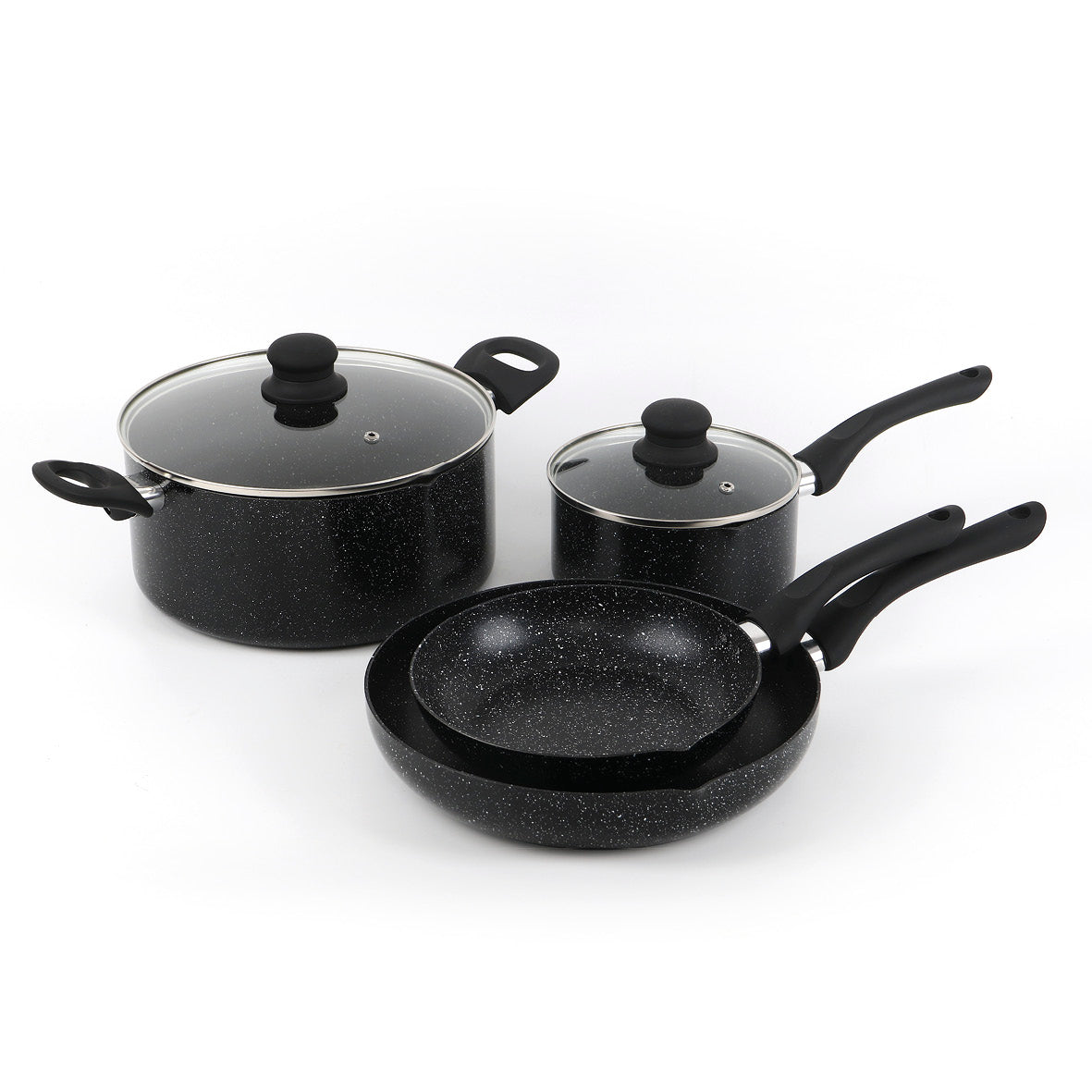 Set of 1 fry pan 22 cm + 1 fry pan 26 cm + 1 sauce pan with lid 16 cm + 1 casserole 24 cm in aluminium granite - Black marble