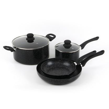 Set of 1 fry pan 22 cm + 1 fry pan 26 cm + 1 sauce pan with lid 16 cm + 1 casserole 24 cm in aluminium granite - Black marble