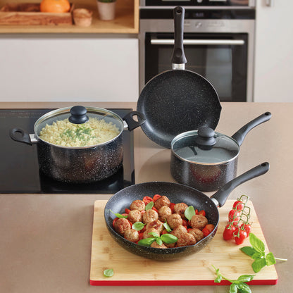 Set of 1 fry pan 22 cm + 1 fry pan 26 cm + 1 sauce pan with lid 16 cm + 1 casserole 24 cm in aluminium granite - Black marble