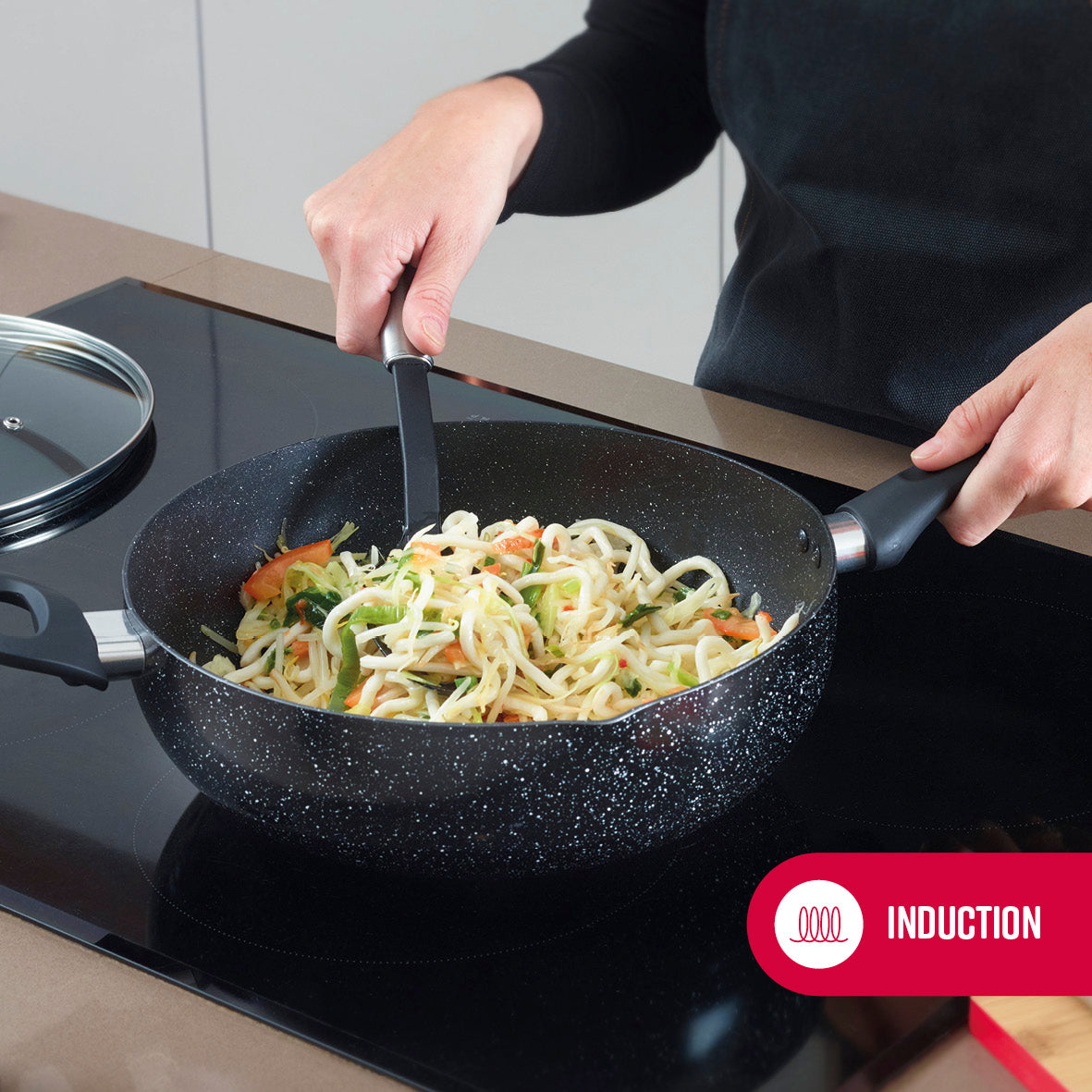 Set of 1 fry pan 22 cm + 1 fry pan 26 cm + 1 sauce pan with lid 16 cm + 1 casserole 24 cm in aluminium granite - Black marble