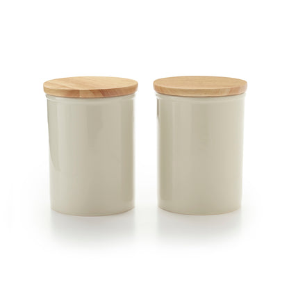 Set de 2 bocaux de conservation en céramique avec couvercle en bambou - crème