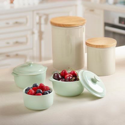 Set de 3 bocaux de conservation en céramique avec couvercles en bambou - crème