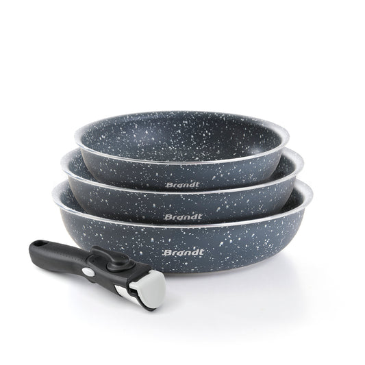 Set of 3 frypans in aluminum with removable handle - marble ceramic - Grey