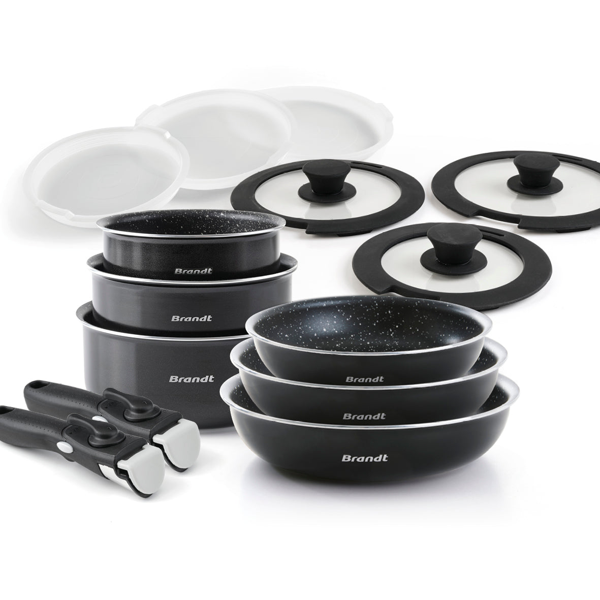 Stackable cookware set with removable handle 14 pieces - Black