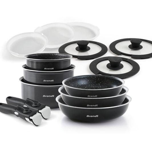 Stackable cookware set with removable handle 14 pieces - Black