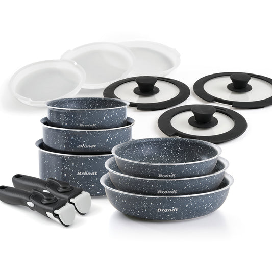 Stackable cookware set with removable handle 14 pieces - Grey marble