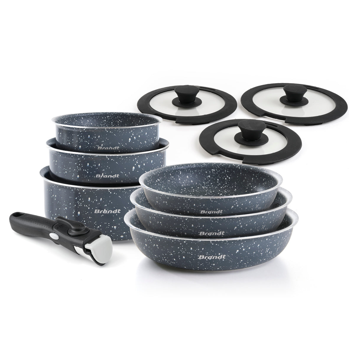 Stackable cookware set with removable handle 10 pieces - Grey marble