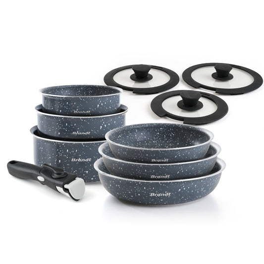 Stackable cookware set with removable handle 10 pieces - Grey marble