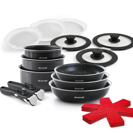 Stackable cookware set with removable handle 17 pieces - Black