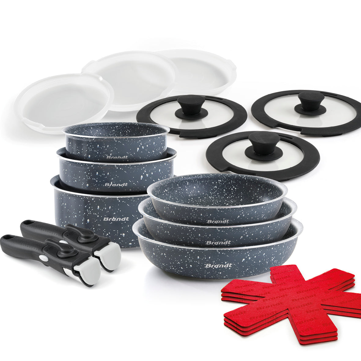 Stackable cookware set with removable handle 17 pieces - Grey marble