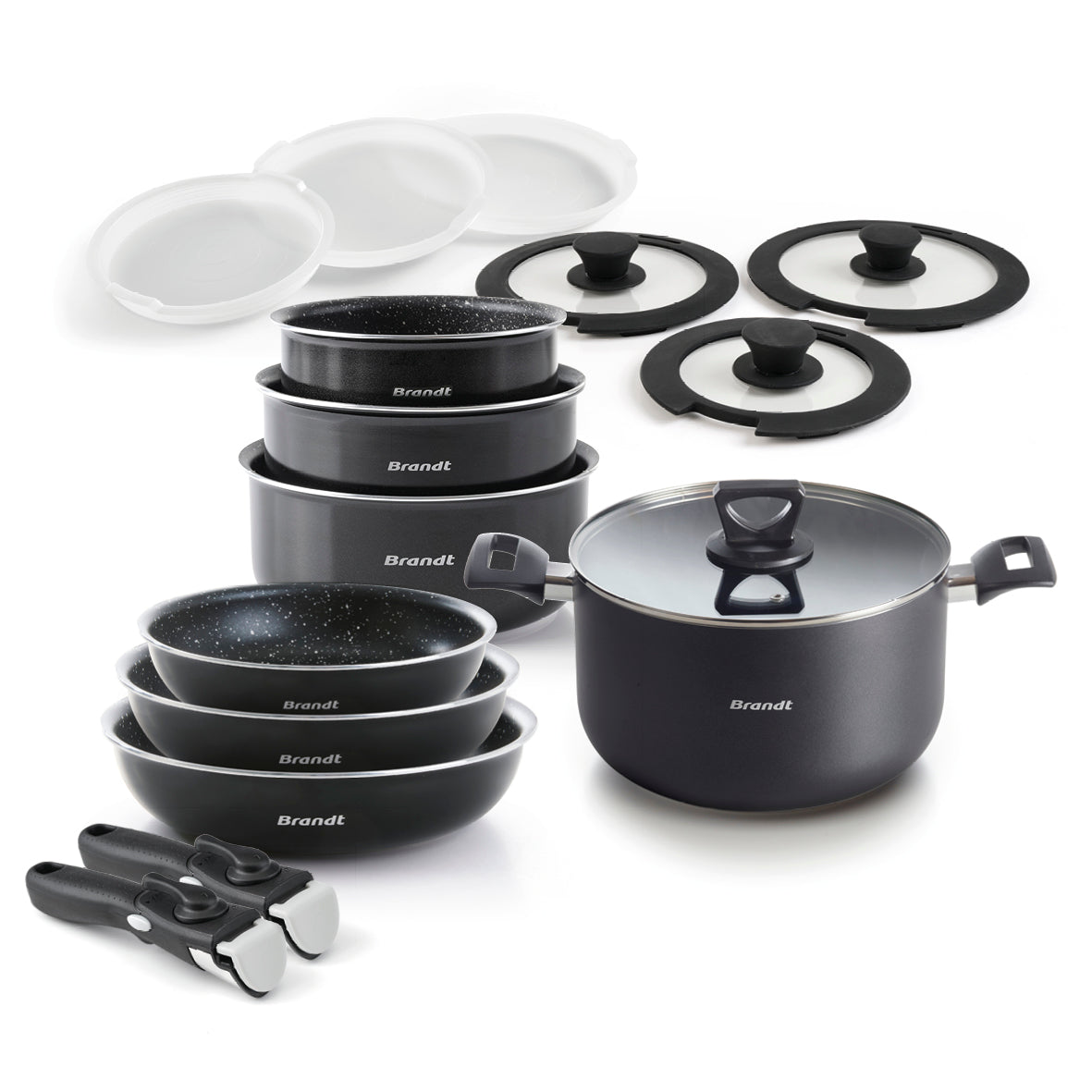Stackable cookware set with removable handle 16 pieces - Black