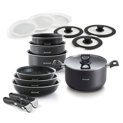 Stackable cookware set with removable handle 16 pieces - Black