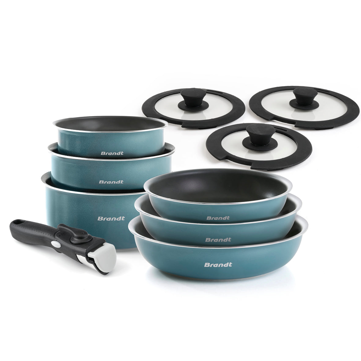 Stackable cookware set with removable handle 10 pieces - Blue