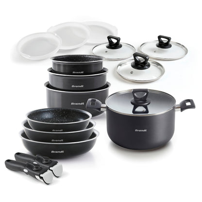 Batterie de cuisine 20 pièces - aluminium noir - Ø 16/18/20/24/28 cm + marmite et protège-poêles