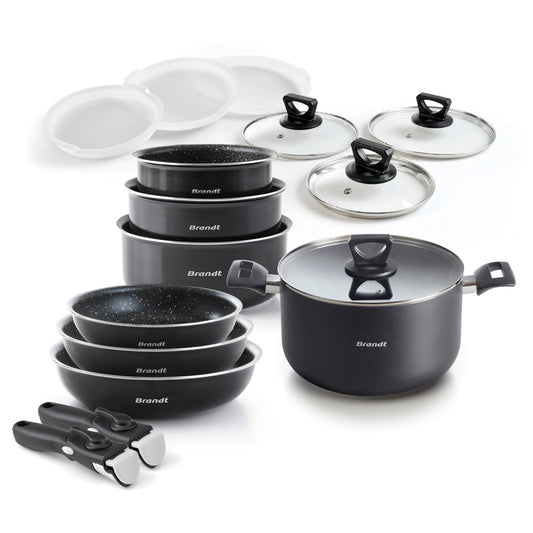 Batterie de cuisine 20 pièces - aluminium noir - Ø 16/18/20/24/28 cm + marmite et protège-poêles