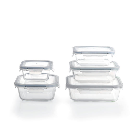 Set de 5 boîtes alimentaires en verre avec couvercles hermétiques -  0.32 L + 0.8 L + 0.37 L + 0.64 L + 1.05 L