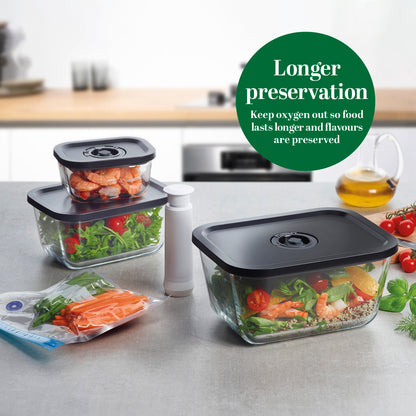 Set of 3 rectangular glass vacuum containers + 1 vacuum pump + 3 vacuum bags - Transparent