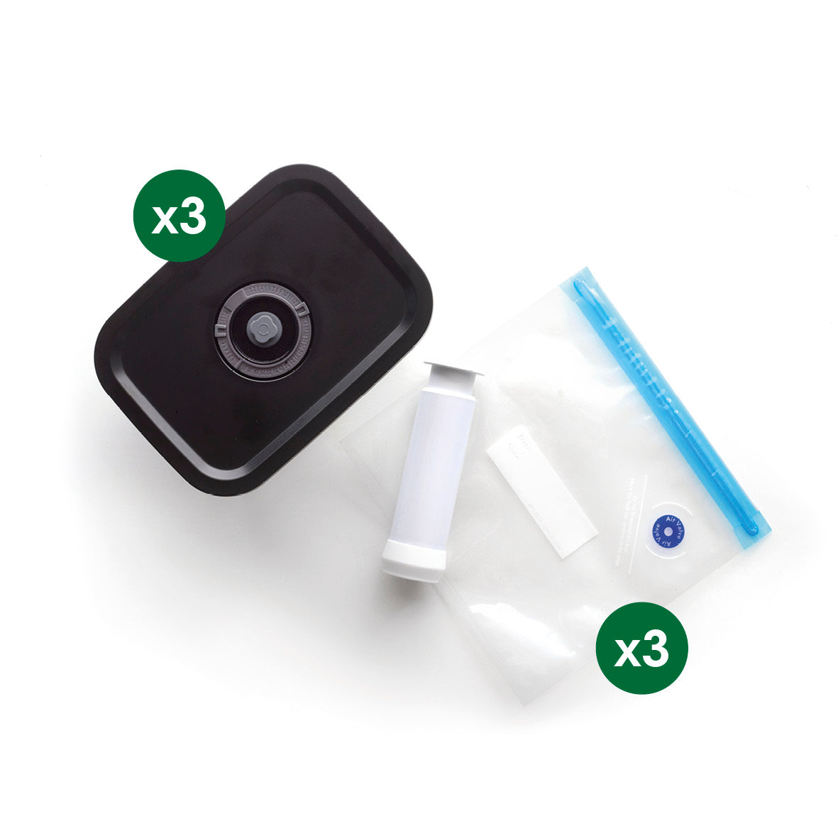 Set of 3 rectangular glass vacuum containers + 1 vacuum pump + 3 vacuum bags - Transparent