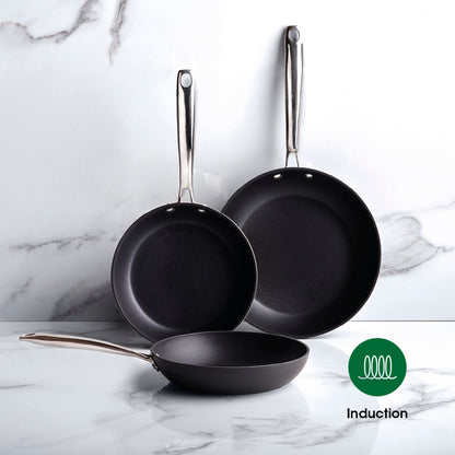 Set de 3 poêles Alux Pro - en aluminium forgé et acier inoxydable - 20 + 24 + 28 cm - Noir