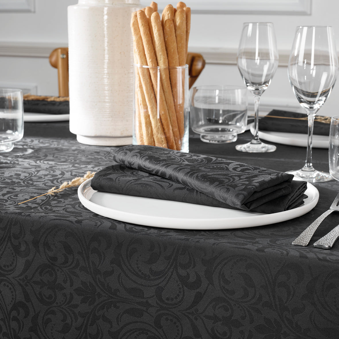Set de 4 serviettes tissé Jacquard Fleurette - 50 x 50 cm - Gris foncé