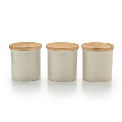 Set de 3 bocaux de conservation en céramique avec couvercles en bambou - crème