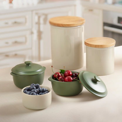 Set de 3 bocaux de conservation en céramique avec couvercles en bambou - crème