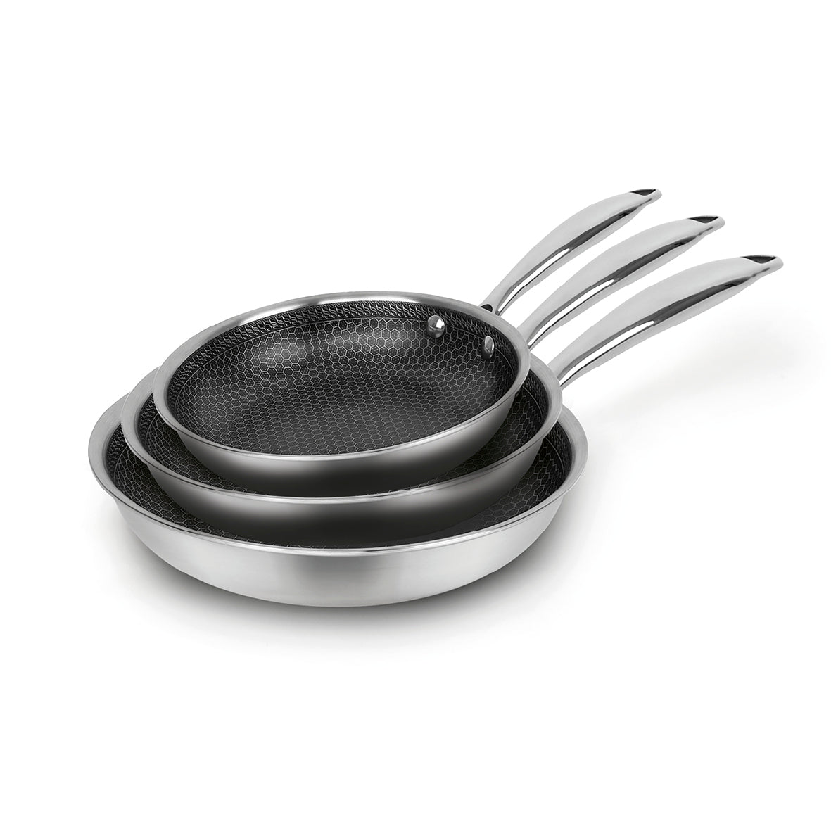 Set of 3 triply frypans with non-stick honeycomb coating - Silver