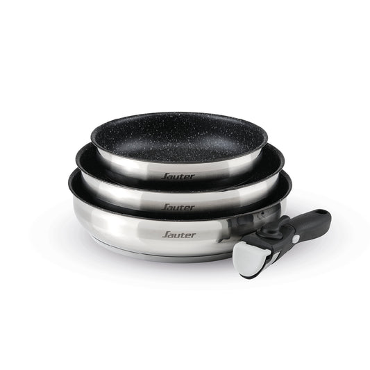 Set of 3 non-stick frypans with removable handle - Silver